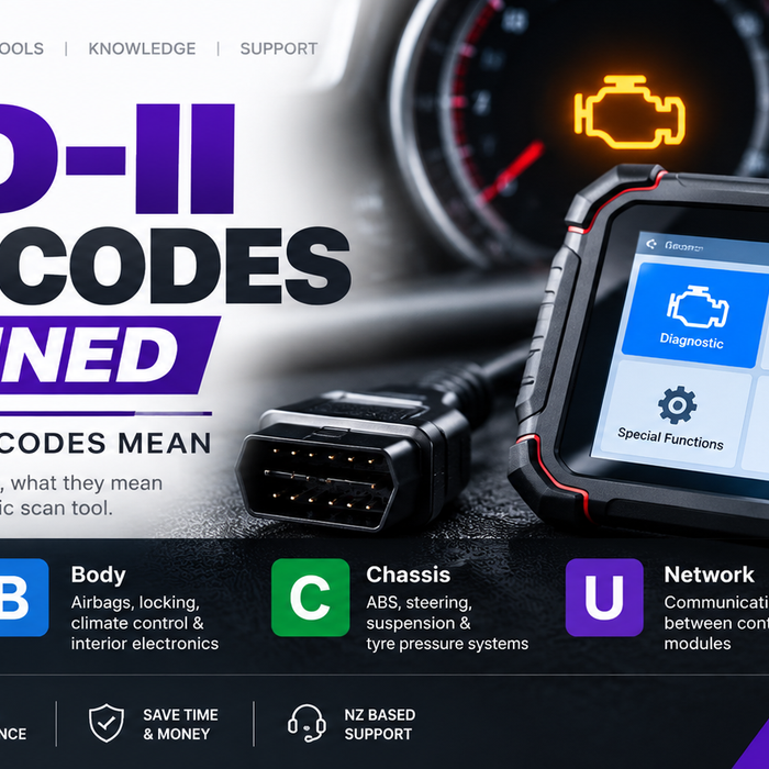 OBD-II fault codes explained with diagnostic scan tool showing P, B, C and U vehicle fault code categories – Discount Tools NZ