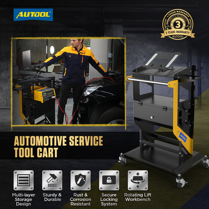 Black AUTOOL 3 Shelf Diagnostic Scanner Tool Cart, Tool Trolley, With Storage Draw Diagnostic cart