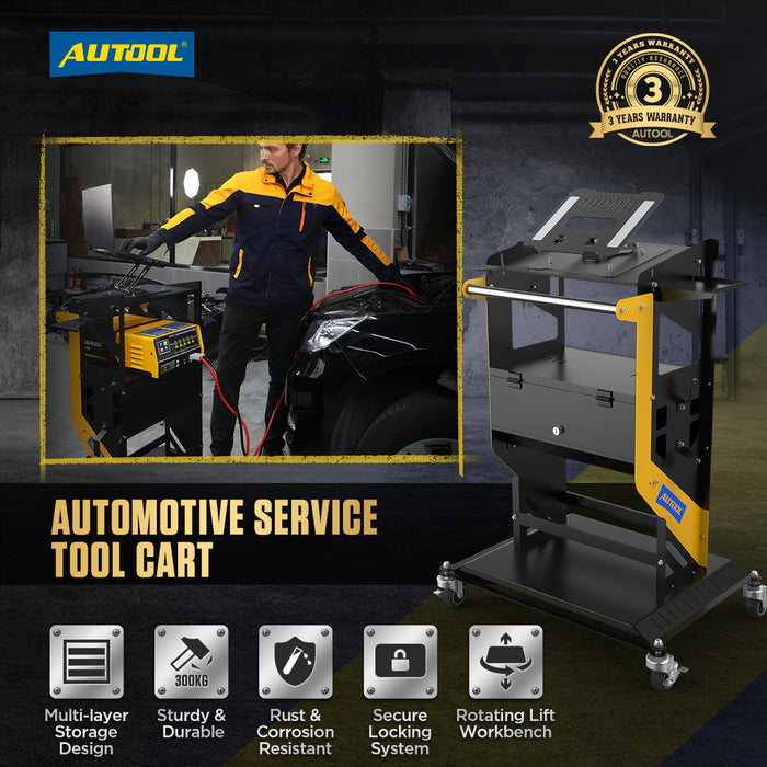 AUTOOL 3 Shelf Diagnostic Scanner Tool Cart, Tool Trolley, With Storage Draw