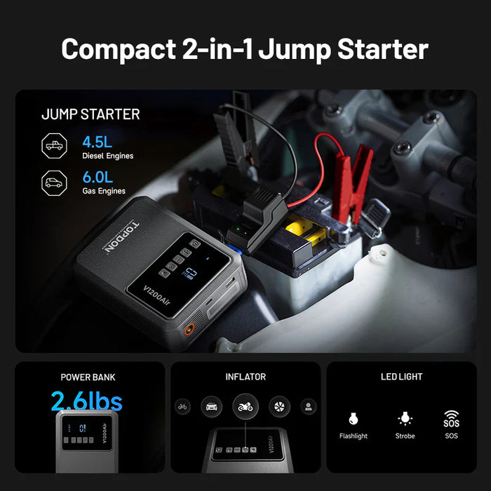 Black TOPDON V1200 Air Jump Starter & Air Compressor – 1200A Portable Power Pack Vehicle Jump Starters