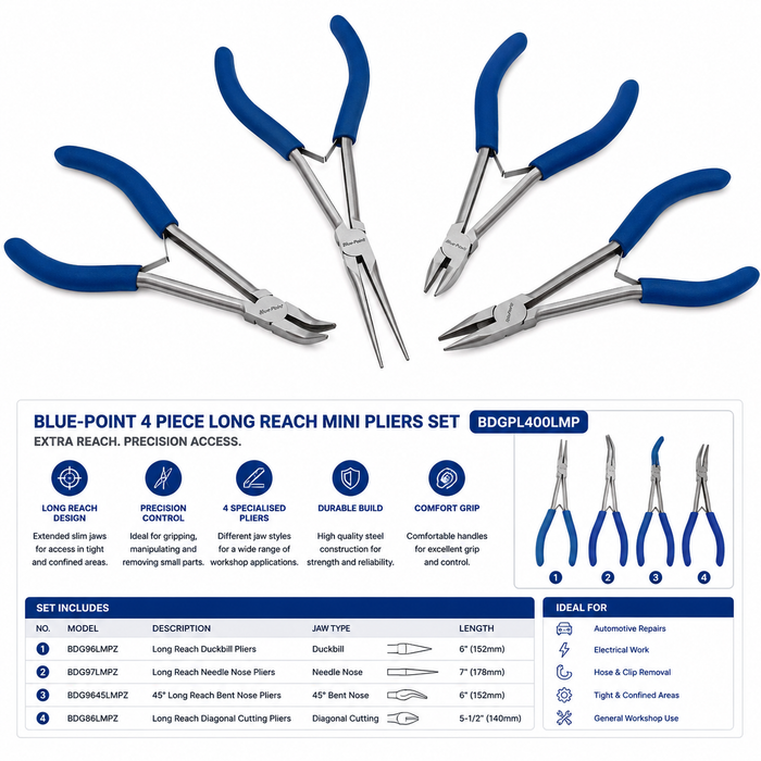 White Smoke Blue-Point 4 Piece Long Reach Mini Pliers Set – BDGPL400LMP Pliers
