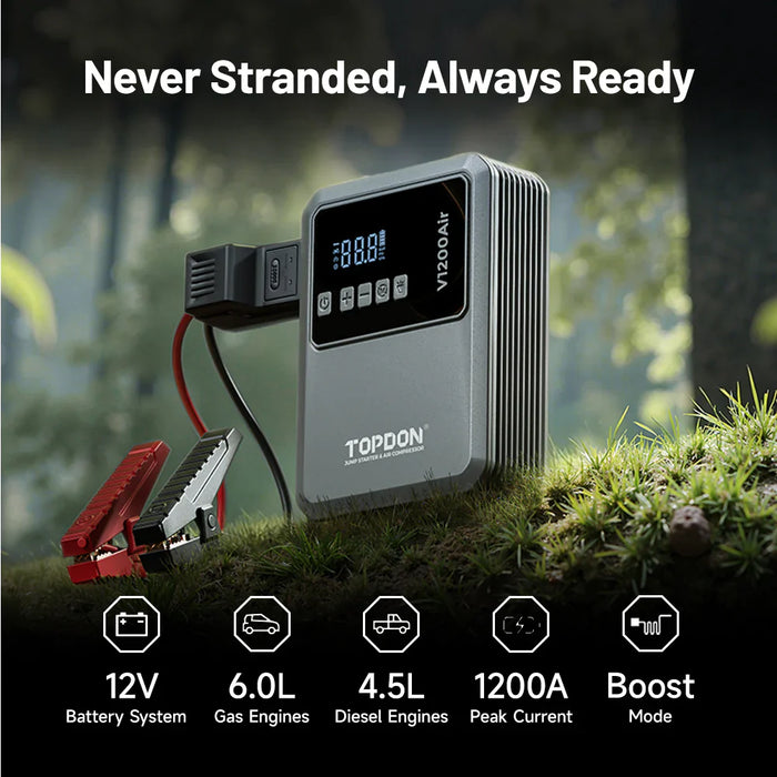 Black TOPDON V1200 Air Jump Starter & Air Compressor – 1200A Portable Power Pack Vehicle Jump Starters