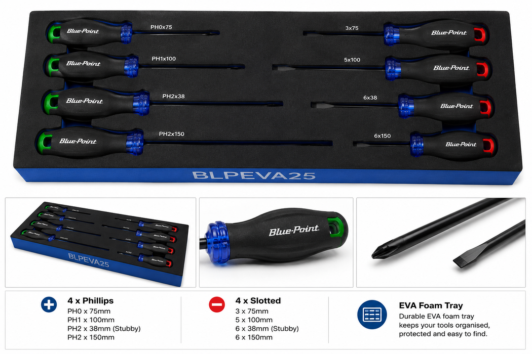 White Smoke Blue-Point 8 Piece Screwdriver Set in EVA Foam Tray – BLPEVA25 Screwdrivers