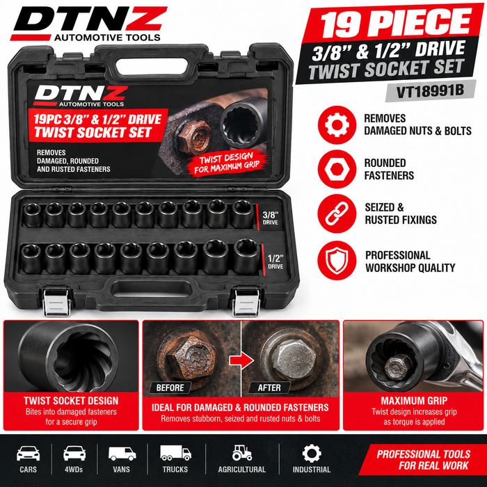DTNZ 19PC 3/8" & 1/2" Drive Twist Socket & Bolt Extractor Set