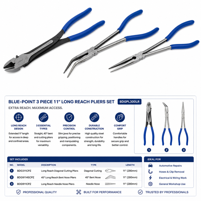 White Smoke Blue-Point 3 Piece 11" Long Reach Pliers Set – BDGPL300LR Pliers
