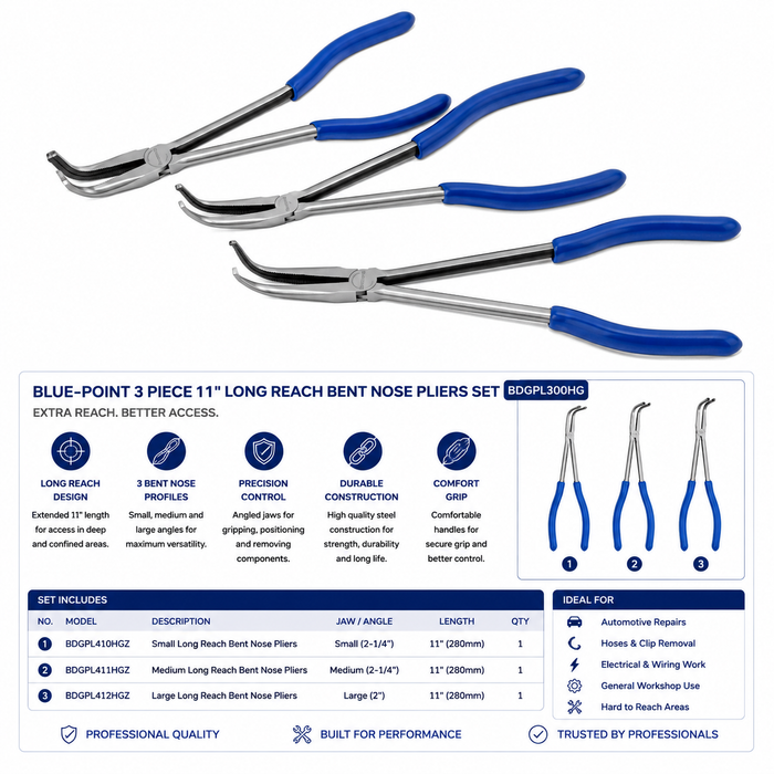 White Smoke Blue-Point 3 Piece 11" Long Reach Bent Nose Pliers Set – BDGPL300HG Pliers