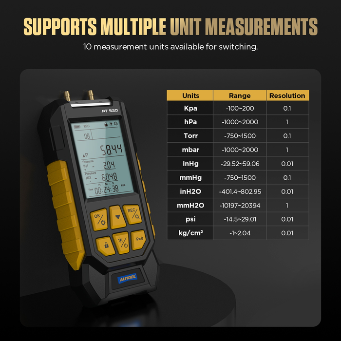 Black AUTOOL PT520 – Digital Manometer / Differential Pressure Gauge Vacuum Pressure Gauge