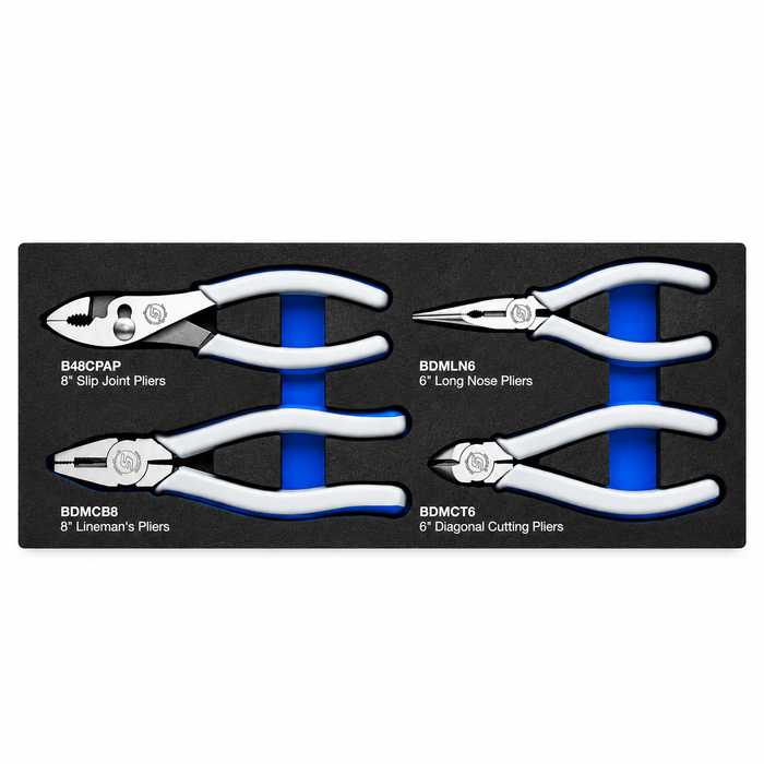 Blue-Point BPS7 4 piece pliers set with 6 inch long nose and diagonal cutting pliers, 8 inch combination and slip joint pliers in EVA foam organiser