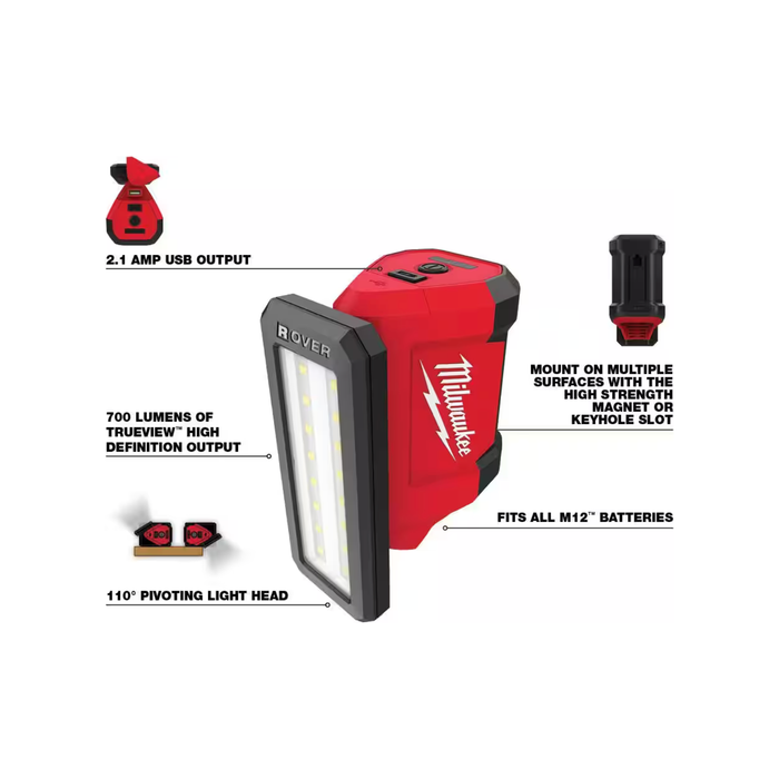 Dark Slate Gray Milwaukee M12 ROVER Service and Repair Flood Light with USB Charging Inspection Lights