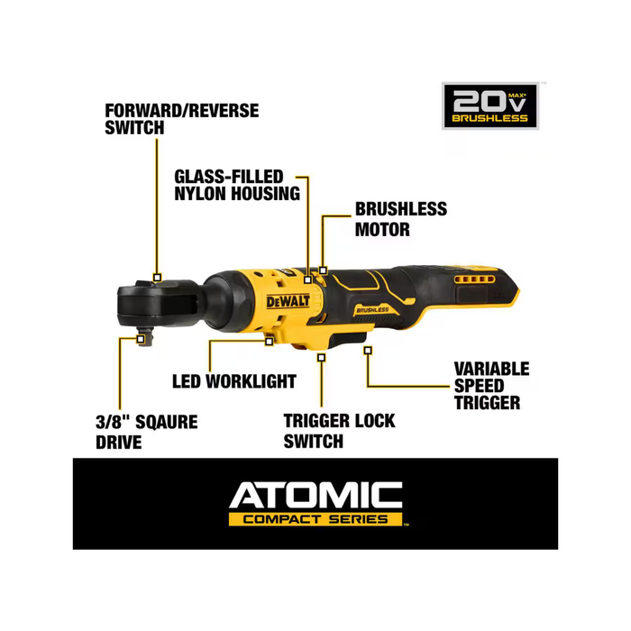 Black DEWALT ATOMIC 20V MAX Cordless 3/8 in. Ratchet (Tool Only) Ratchet