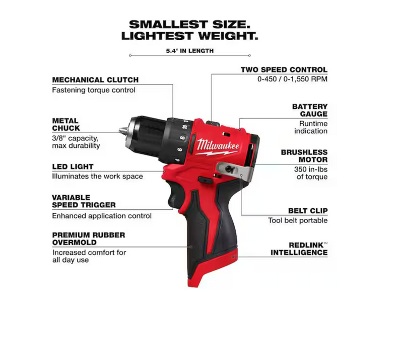 White Smoke Milwaukee 3401-20 M12 Subcompact Brushless 3/8" Drill/Driver (Tool-Only) Drills
