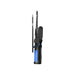 A handheld black and blue device with an attached long black antenna, shown upright against a plain white background.