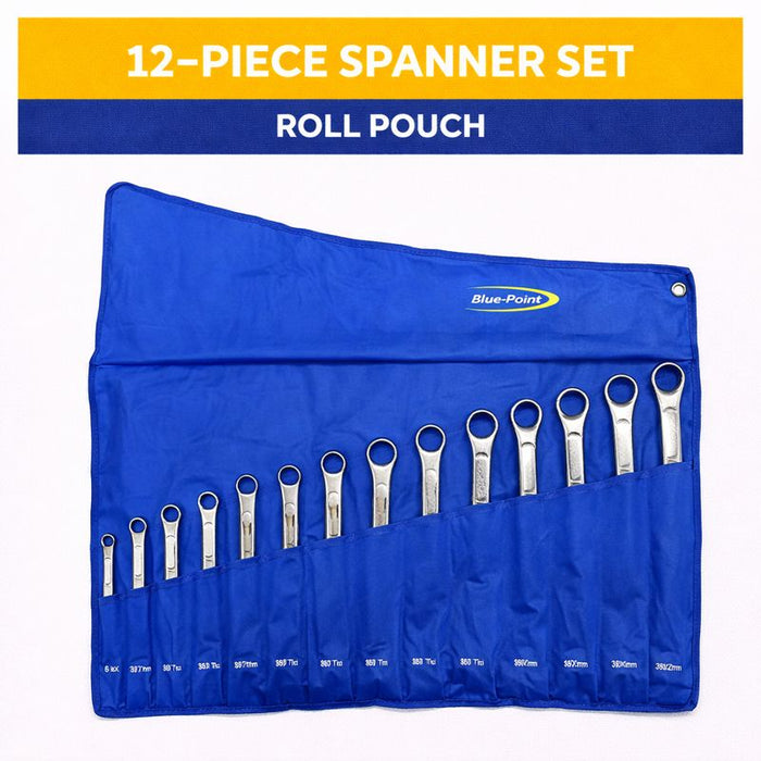 White Smoke Blue Point BLPDRWS12 12-Piece Metric 45° Double Ring Spanner Set (Roll Pouch) Spanners & Spanner Sets