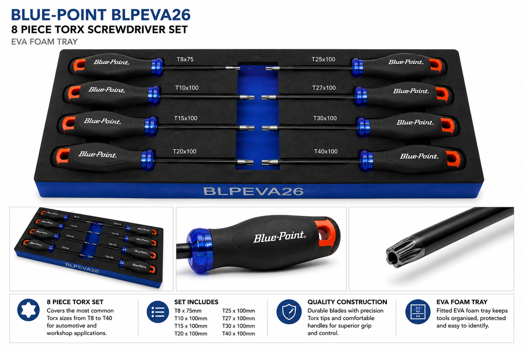 White Smoke Blue-Point 8 Piece Torx Screwdriver Set in EVA Foam Tray – BLPEVA26 Screwdrivers
