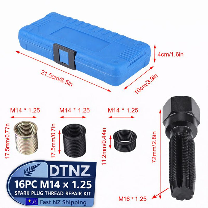 White Smoke DTNZ 16pc M14 × 1.25 Spark Plug Thread Repair Kit (M16 Tap) – With Case Automotive Specialty Tools