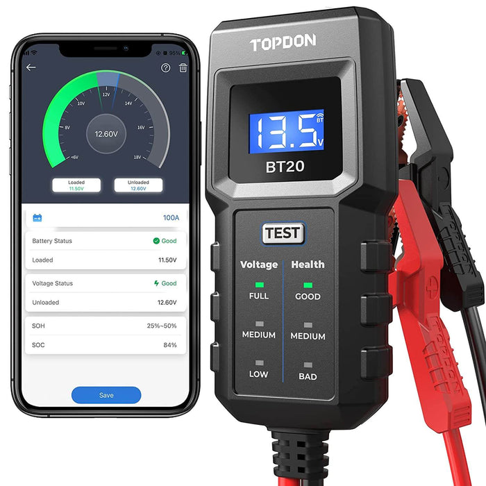 TOPDON BT20 12V Battery Tester, Cranking, Charging Test With App
