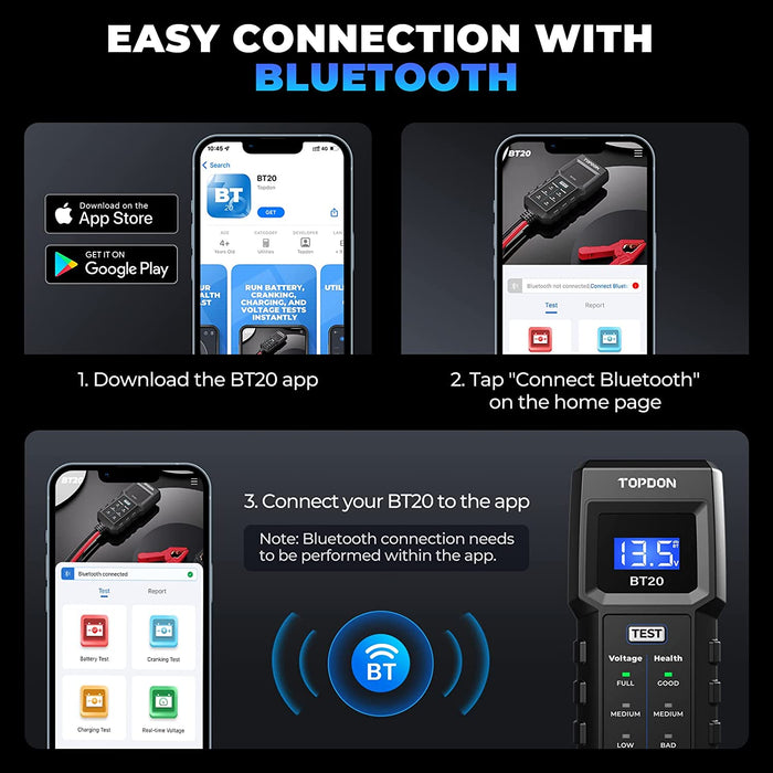 Black TOPDON BT20 12V Battery Tester, Cranking, Charging Test With App Battery Tester