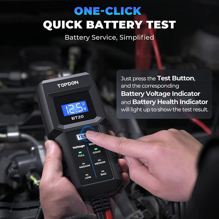 Black TOPDON BT20 12V Battery Tester, Cranking, Charging Test With App Battery Tester