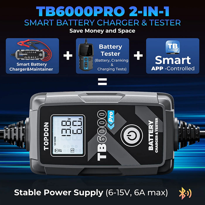 Black TOPDON TB6000Pro 6Amp 6V/12V, 2 in 1 Battery Charger & Battery Tester Vehicle Battery Chargers