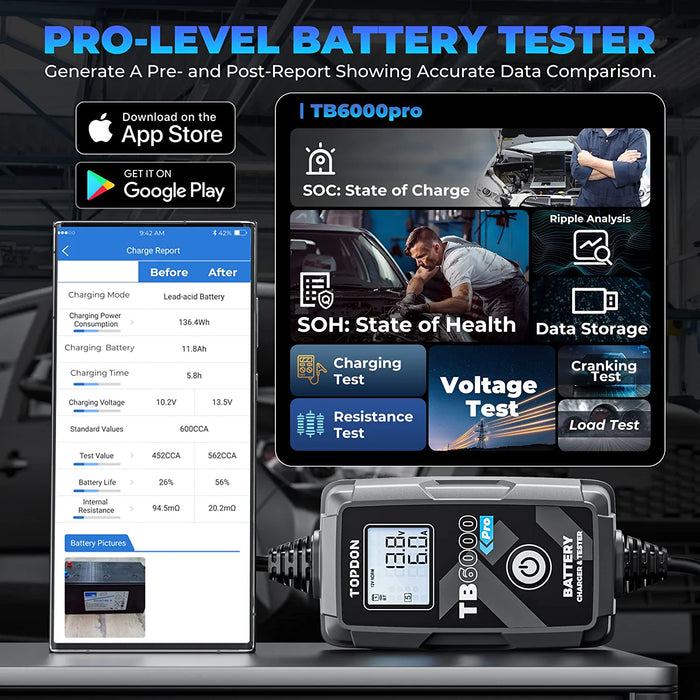 Black TOPDON TB6000Pro 6Amp 6V/12V, 2 in 1 Battery Charger & Battery Tester Vehicle Battery Chargers
