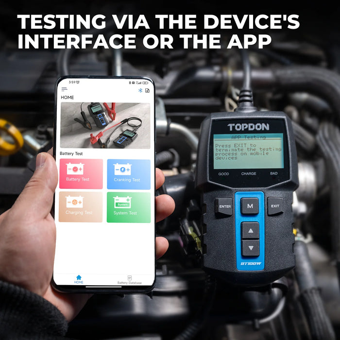 Black TOPDON BT100W 12V Car Battery Tester Wireless Battery Load Tester Cranking Test Vehicle Battery Testers