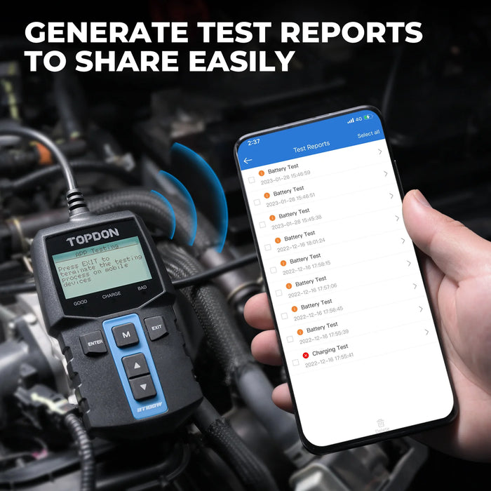 Black TOPDON BT100W 12V Car Battery Tester Wireless Battery Load Tester Cranking Test Vehicle Battery Testers