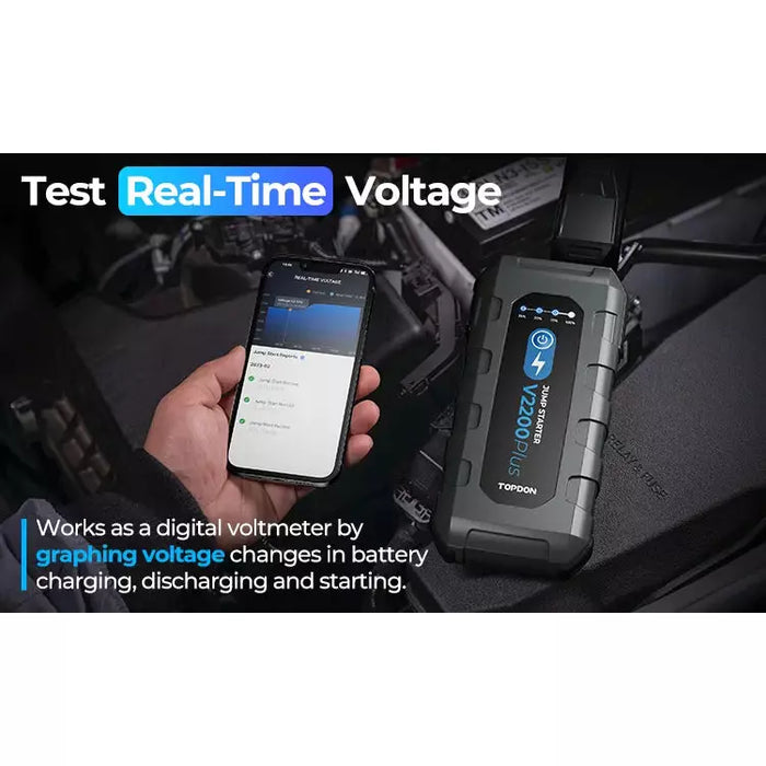 Black TOPDON V2200Plus 2200A Jump Starter, Battery Tester, Power Bank, 12V Car Starting Device Vehicle Jump Starters