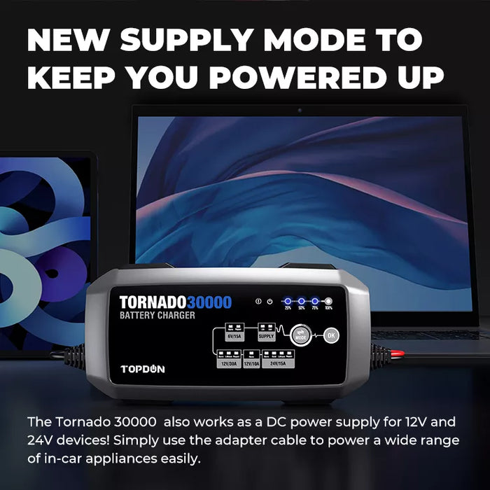 Black TOPDON Tornado 3000 6V-24V, Smart Battery Charger & Power Supply For ECU Programming Vehicle Battery Chargers