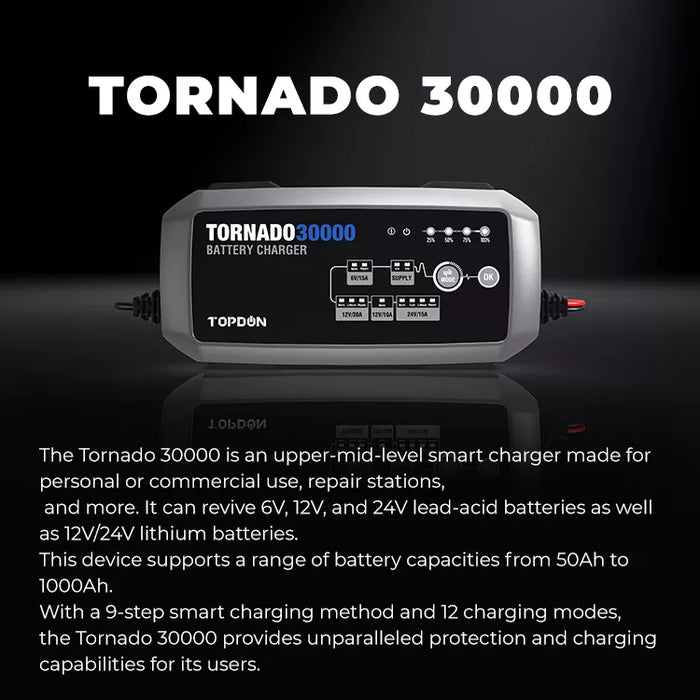 Black TOPDON Tornado 3000 6V-24V, Smart Battery Charger & Power Supply For ECU Programming Vehicle Battery Chargers