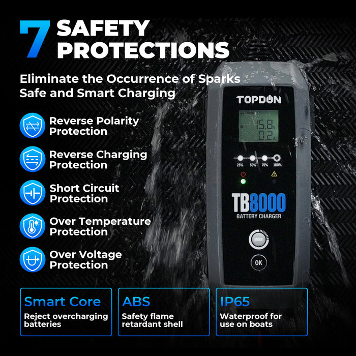 Black TOPDON TB8000 Intelligent Pulse AGM, Wet, Gel, 12 Volt 6V-12V, 8A-3A Battery Charger Vehicle Battery Chargers