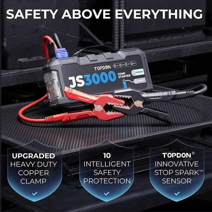 Black TOPDON Jump Surge 3000 Jump Starter 3000A, Power Bank 2500A Peak Vehicle Jump Starters