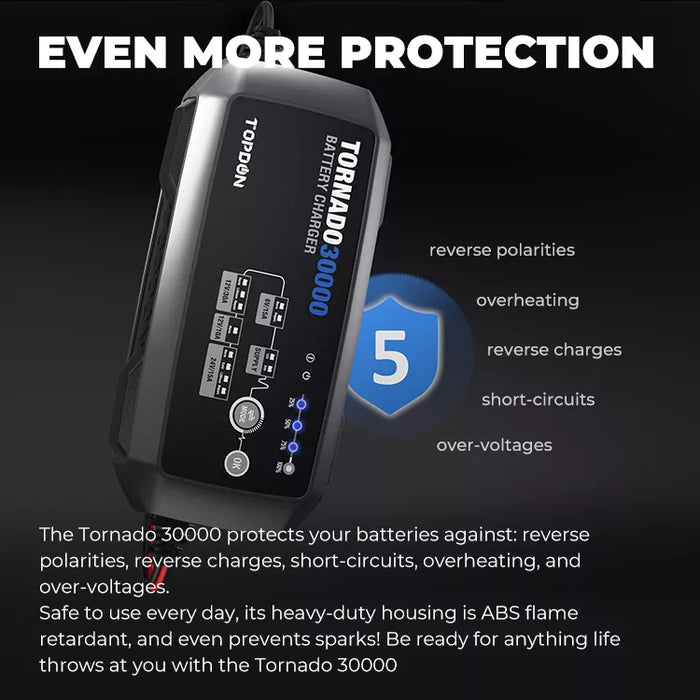 Black TOPDON Tornado 3000 6V-24V, Smart Battery Charger & Power Supply For ECU Programming Vehicle Battery Chargers