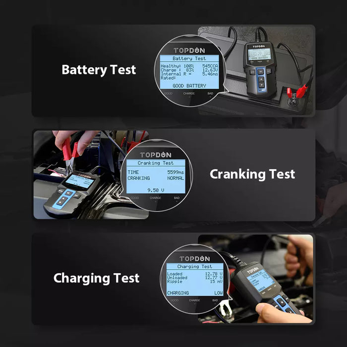 Black TOPDON BT100 100-2000CCA 12V Battery Tester Analyser Vehicle Battery Testers