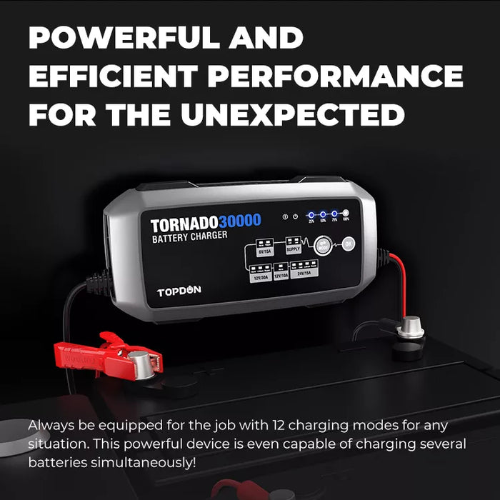 Black TOPDON Tornado 3000 6V-24V, Smart Battery Charger & Power Supply For ECU Programming Vehicle Battery Chargers