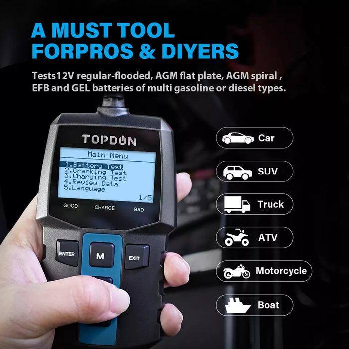Gray TOPDON BT100 100-2000CCA 12V Battery Tester Analyser Vehicle Battery Testers