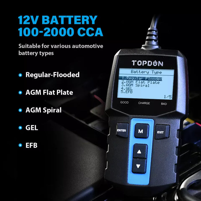 topdon bt100 100-2000cca 12v battery tester analyser