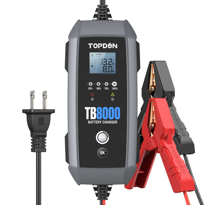 TOPDON TB8000 Intelligent Pulse AGM, Wet, Gel, 12 Volt 6V-12V, 8A-3A Battery Charger