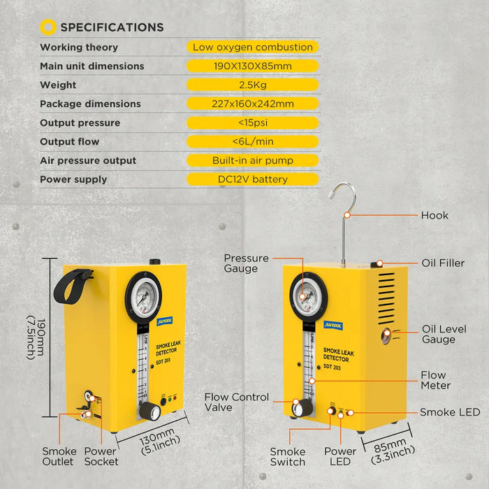 Light Gray AUTOOL SDT203 12V Automotive Smoke Machine Leak Detector Testing Tool Smoke Leak Detector
