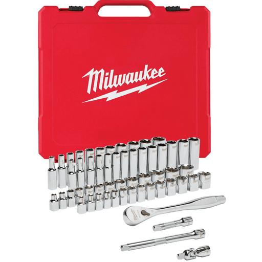 Light Gray Milwaukee 3/8 in. Drive SAE/Metric Ratchet and Socket Mechanics Tool Set (56 piece) Socket Sets