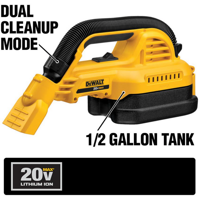 dewalt 18-20v max cordless 1/2 gal. wet/dry portable vacuum (tool-only)